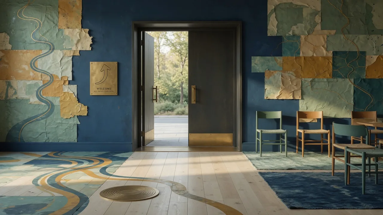 Layered field-atlas papers opening toward a quiet doorway