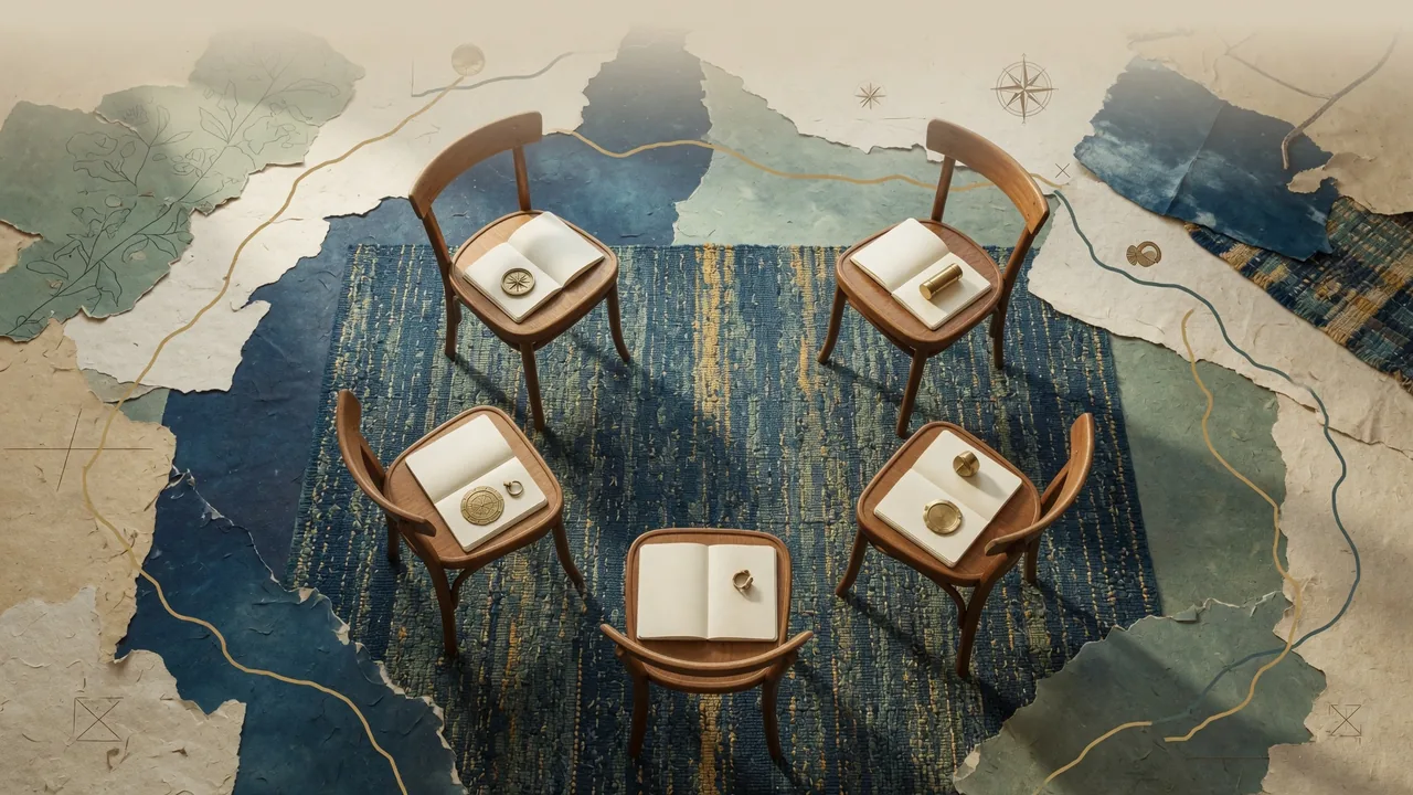 Multiple paths and cards arranged around an open center